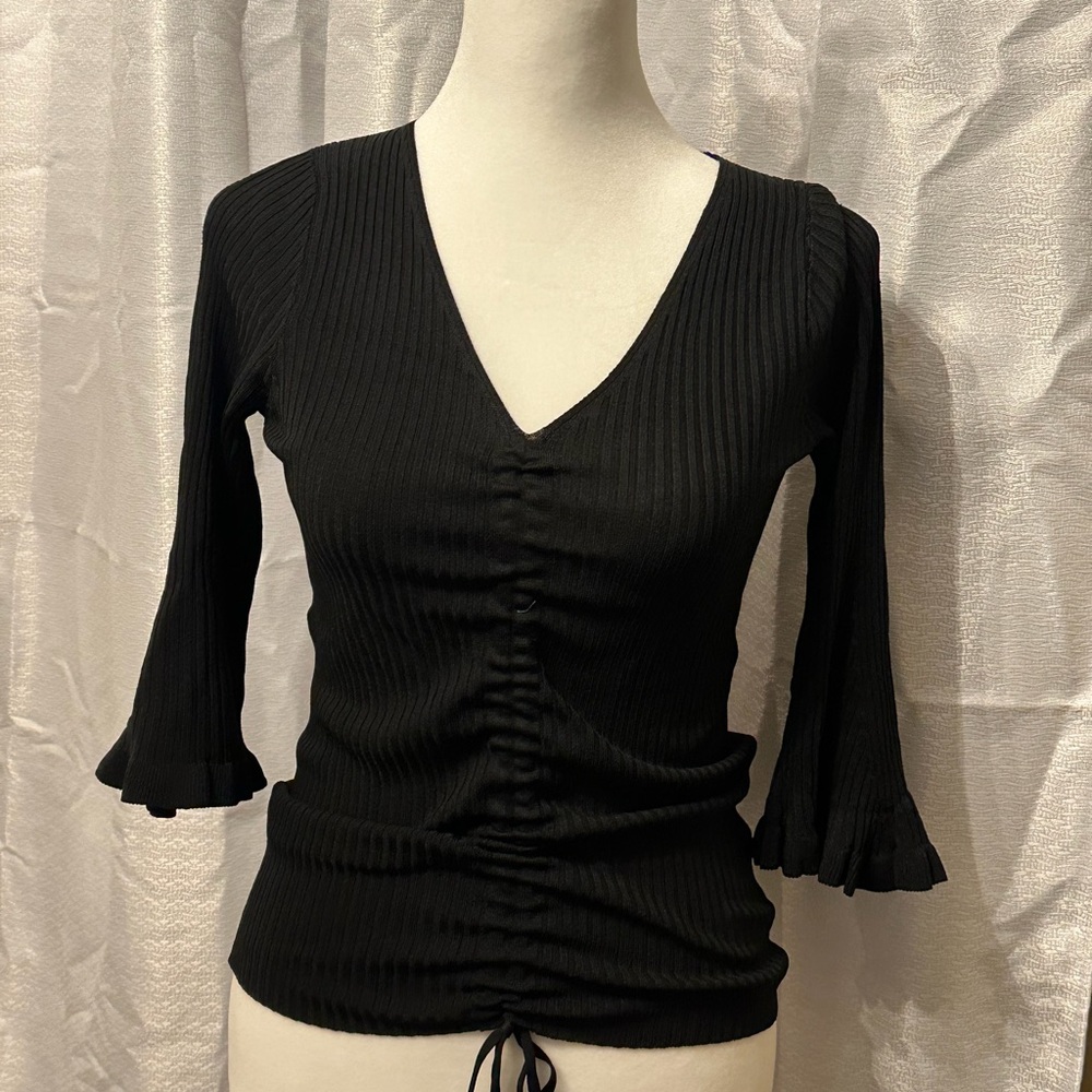 Chic Black Ruched V-Neck Blouse